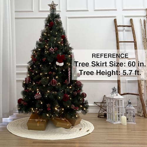 60-Inch Cream Cable Knit Christmas Tree Skirt with Wooden Toggles - Starry Dynamo