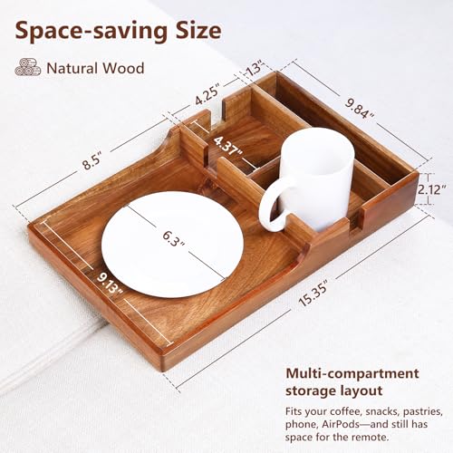 Solid Acacia Wood Couch Insert Tray with 2 Cup Holders for Sectionals