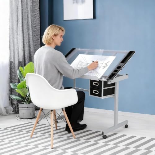 Adjustable Glass Drafting Table with Storage Drawers and Rolling Wheels