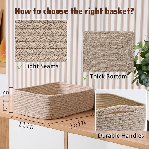 Large Woven Cotton Rope Storage Baskets - 15x11x5 Inch Shallow Bins, 2 Pack