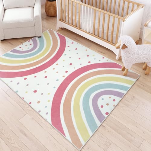 Washable Rainbow Area Rug for Kids Bedroom, 5x7 Soft Non-Slip Nursery Carpet