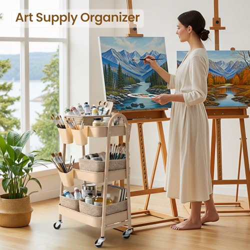Rolling Utility Cart with 4 Woven Baskets & Lockable Wheels, Brown