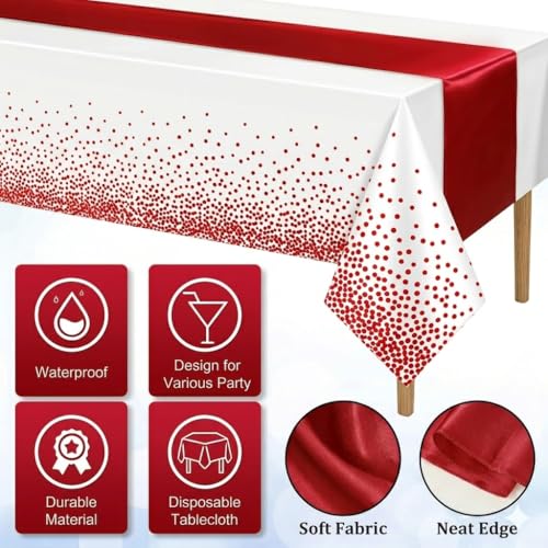 8Pack Disposable Plastic Tablecloths and Satin Table Runner Set - Wedding Party Decor H