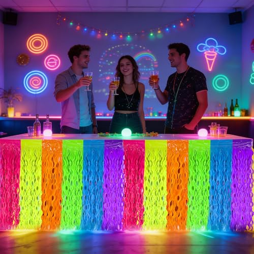 2 Pack Neon Tinsel Foil Fringe Table Skirts - UV Reactive Glow Party Decor