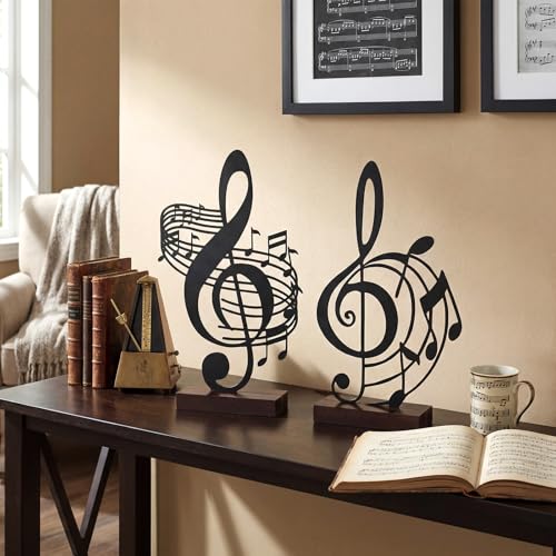 2 Pcs Metal Music Note Sculpture with Wood Stand for Home Office Decor