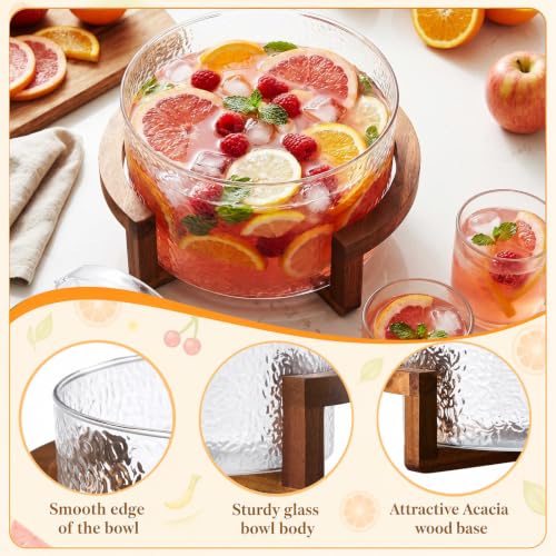 1.2 Gallon Hammered Glass Punch Bowl Set with Acacia Wood Base