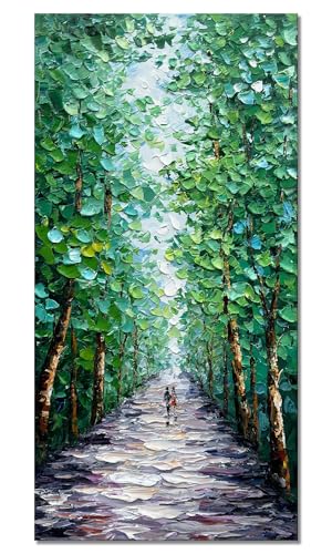Large Hand-Painted Abstract Forest Canvas Wall Art, 24x48 Inch Vertical Decor