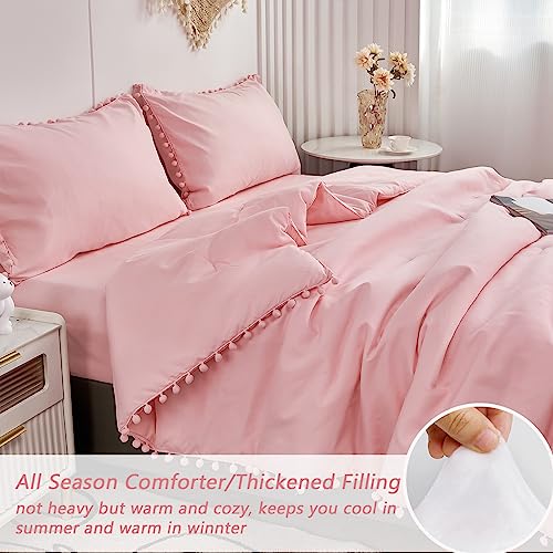 PERFEMET 5-Piece Pink Pom Pom Twin Comforter Set with Sheets & Pillowcases