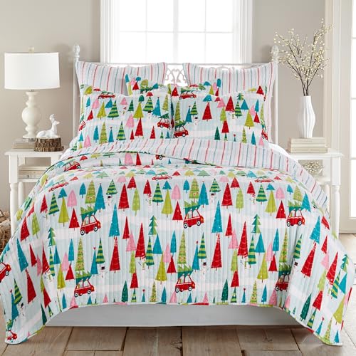 Levtex Home Merry & Bright Holly Jolly Quilt Full/Queen, 86x86in, Reversible Red/Green/Teal