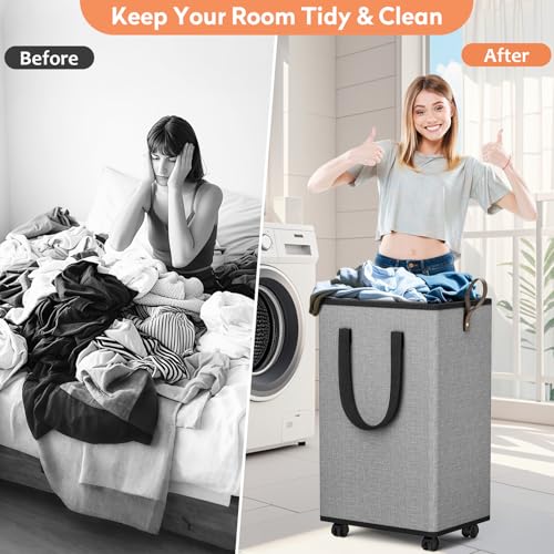 SpaceTrove Rolling Laundry Basket 80L Grey Collapsible Hamper with Wheels