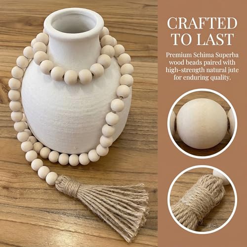 Rustic Wood Bead Garland with Tassels - 1.5m Boho Farmhouse Decor