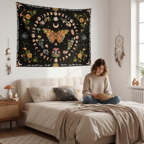 Orange Butterfly Moon Floral Tapestry - Boho Wall Hanging Decor (36" x 48")
