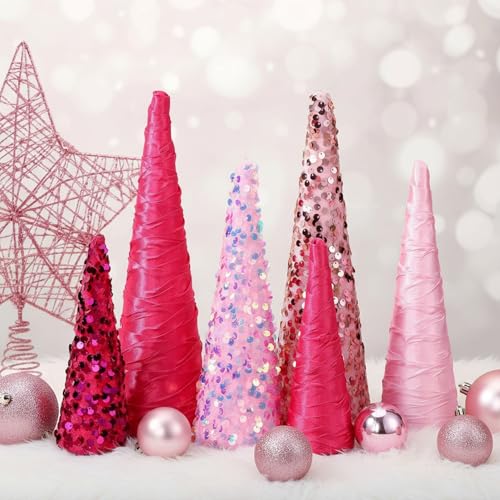 Pink Christmas Cone Trees Set of 6 - Festive Holiday Decor, 10", 8", 6"