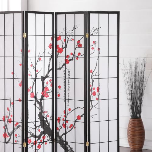 4-Panel Japanese Shoji Room Divider - Plum Blossom Print, Black Wood