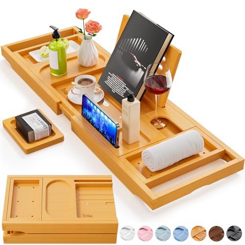 Yirilan Bamboo Bath Tray - Foldable Adjustable Wooden Bath Caddy with Book Rest & Spa Accessories