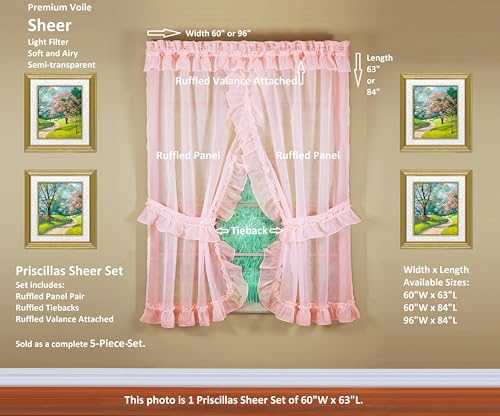 Emelia Priscilla Sheer Curtain Set - 60" W x 63" L, Rose