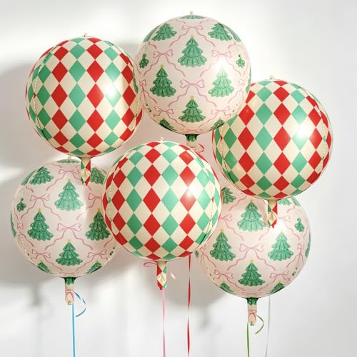 Green Christmas Balloons Set with 4D Foil Balloons, Retro Red & Green Argyle & Tree Pattern, Pink Bow, 22 Inch - Holiday Party Decorations