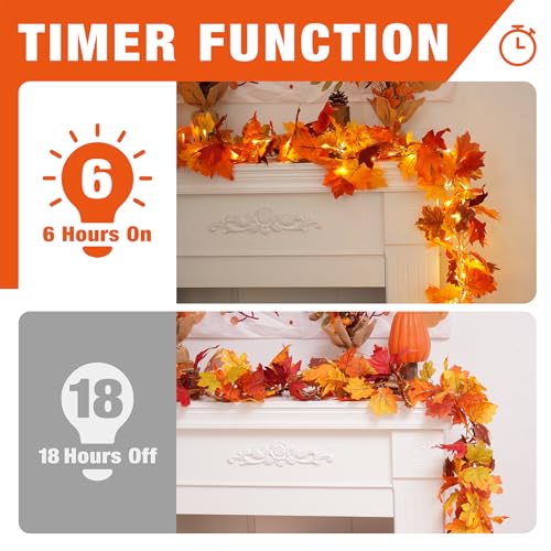 Artificial Fall Maple Leaf Garland with 40 LED String Lights, 2 Pack