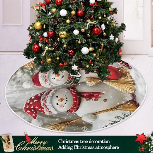 Family Snowmen Burlap Christmas Tree Skirt - Holiday Tree Mat Cover