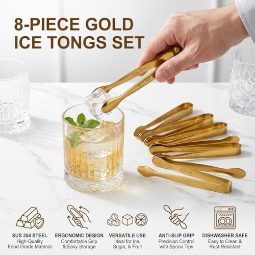 Gold Mini Serving Tongs 8 Pack - Small Stainless Steel Appetizer & Dessert Tongs