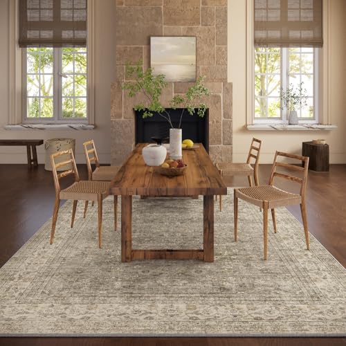 Vintage 9x12 Washable Area Rug - Non-Slip Stain-Resistant Low-Pile Carpet