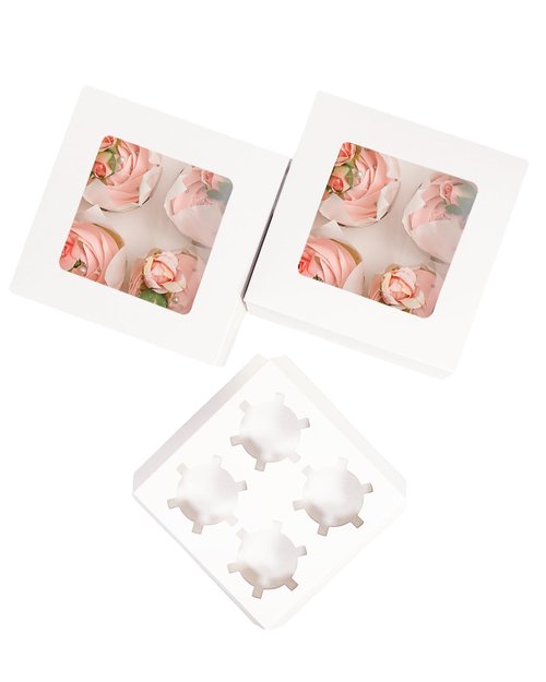 qiqee Auto-pop Up 4 Cupcake Boxes with Window White 30 Packs Cupcake Box 6.3"x6.3"x3" Bakery Boxes For Cupcakes Carrier, Cupcake Containers