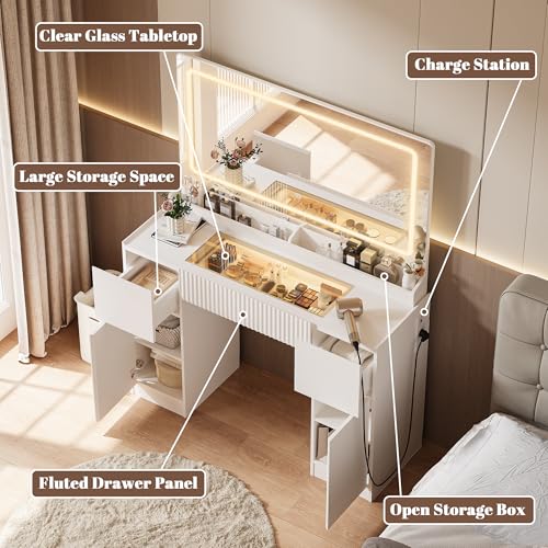 44-Inch Makeup Vanity Desk with Lighted Mirror, Glass Top and Power Station