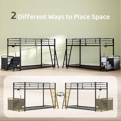 Twin Over Twin Metal Bunk Bed with Storage, LED Lights & Charging Station