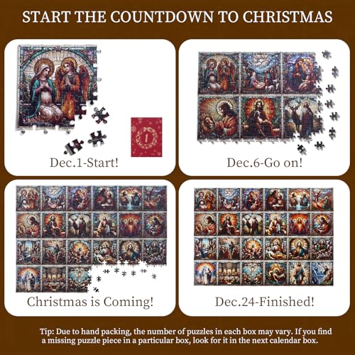 Rideomon Christmas Advent Calendar Puzzle 2026 - 1008 Piece Stained Glass Jesus Life, 24 Days Holiday Countdown, Family Decor - Christmas A