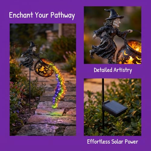 Halloween Flying Witch Cauldron Garden Stake Light with LED Projector