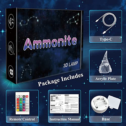 Gnome Night Light 3D Optical LED Lamp with Remote, 16 Color Changing & Timer - Ammonite Gnome Decor