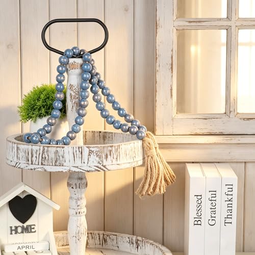 39-inch Wooden Bead Garland with Jute Tassels, Rustic Farmhouse Decor