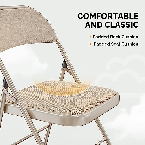 4-Pack Padded Folding Chairs, Heavy Duty Metal Frame, Khaki Fabric Seat