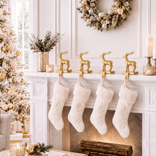 Christmas Reindeer Stocking Holders Set - Gold Deer Mantel Hangers, 4 Pack