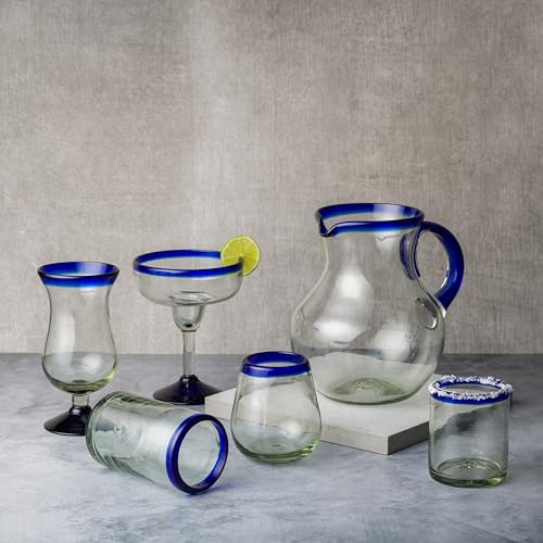Handblown Mexican Glass Hurricane with Cobalt Rim - Set of 6, Eco-Friendly, Lead-Free