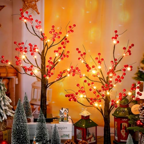 Two-Piece Lighted Christmas Red Berry Tree Decor, 23.6in