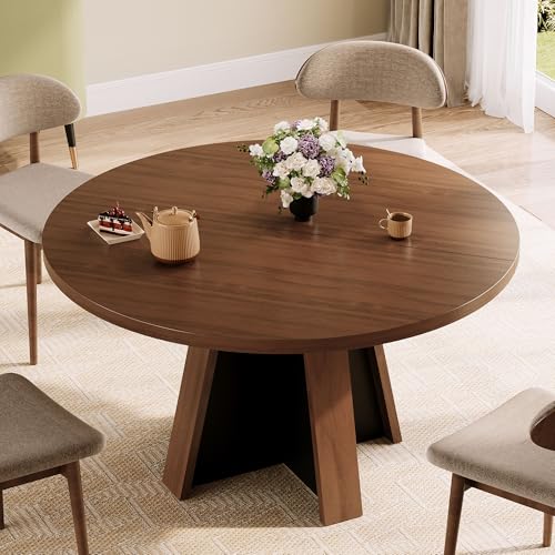 47-Inch Round Dining Table for 4-6, Modern Farmhouse Kitchen Table, Walnut