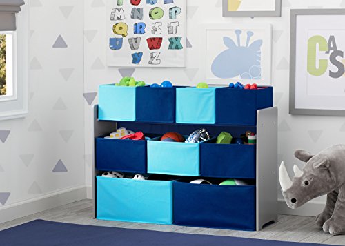 Deluxe Multi-Bin Kids Toy Organizer with 9 Fabric Bins - Grey & Blue