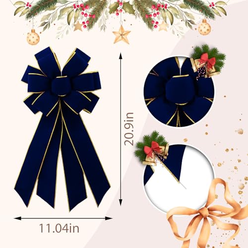 Vickasi Christmas Wreath Bowknot Navy Blue Velvet with Gold Edge - 11" x 21" Front Door Holiday Decor (Variation C)