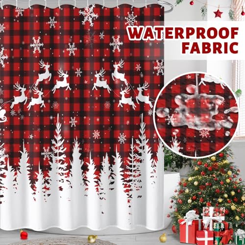 Culudea Santa Plaid Shower Curtain Set 72 x 72 in Red Black Plaid