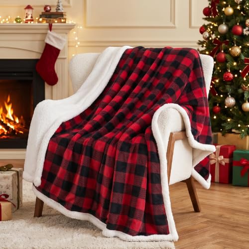 BEDELITE Red & Black Buffalo Plaid Sherpa Throw Blanket 50x60 | Reversible Flannel