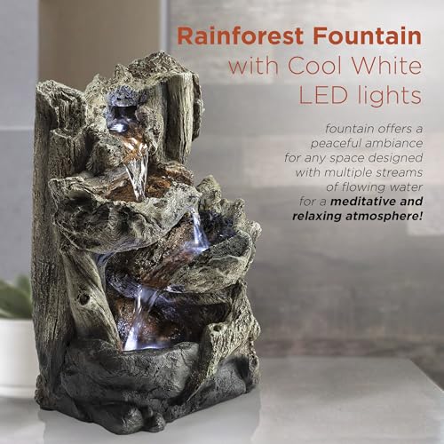 14-Inch Tiered Log Tabletop Water Fountain with LED Lights for Home & Office