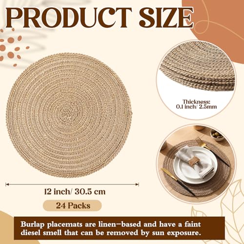 24 Pcs 12 Inch Round Jute Burlap Placemats Boho Farmhouse Dining Set