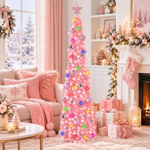 Pink 5ft Collapsible Christmas Tree with Lights, 30 Ornaments & Star Topper - Holiday Decor