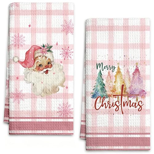 Geuro Pink Christmas Kitchen Towels Set of 2 - Santa & Holiday Design, 16x24 Inch, Festive Home Decor