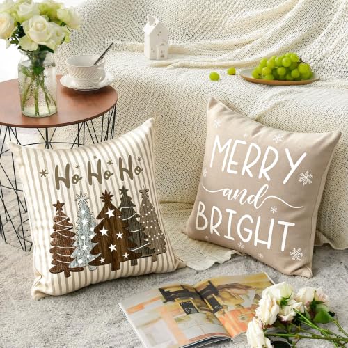 Neutral Farmhouse Christmas Pillow Covers Set of 4 18x18 Inches Double-Sided Linen Blend Decor