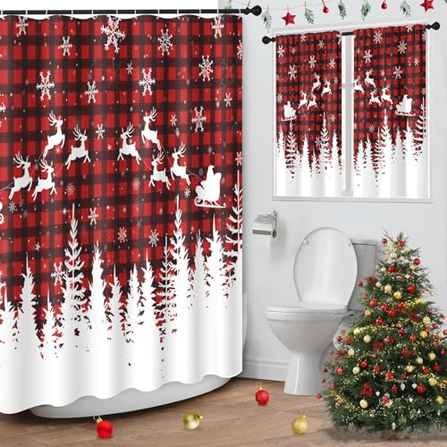 Culudea Santa Plaid Shower Curtain Set 72 x 72 in Red Black Plaid