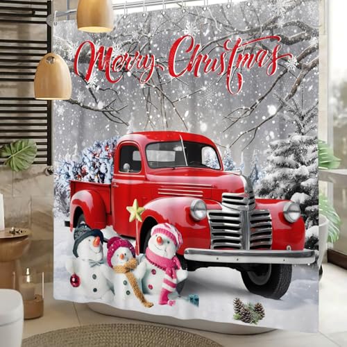DASHAN Red Truck Christmas Shower Curtain with Snowman - Winter Holiday Waterproof Fabric, 72x72 inches, Grey Variant