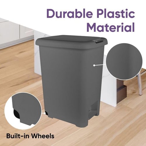 Superio 45L Slim Step & Push Trash Can with Wheels - Dual Opening, Space-Saving Design (17.52"x13.07"x22.24") - Gray