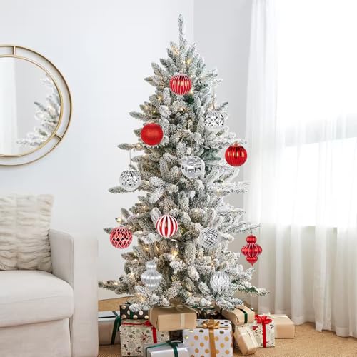 DILATATA 12Pcs 4" Christmas Ball Ornaments Set - Shatterproof Silver & Red Xmas Tree Decorations